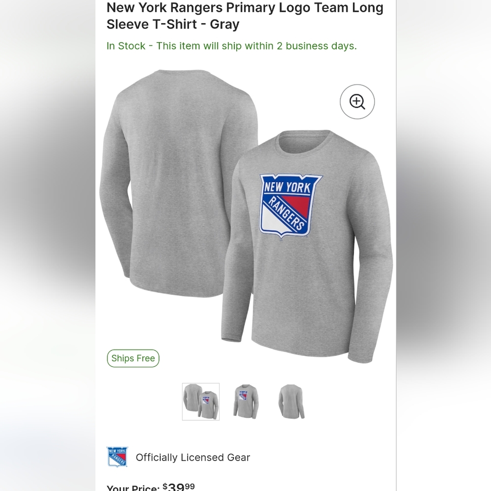 New York Rangers Gray Long Sleeve T-Shirt